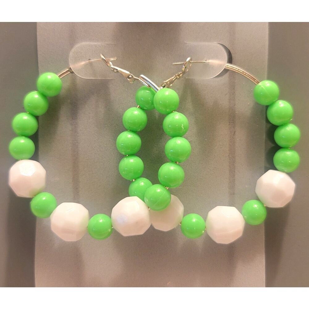 Green White Hoop Earrings 2" Retro Bold Funky Y2K Festival Pierced 80's Acrylic